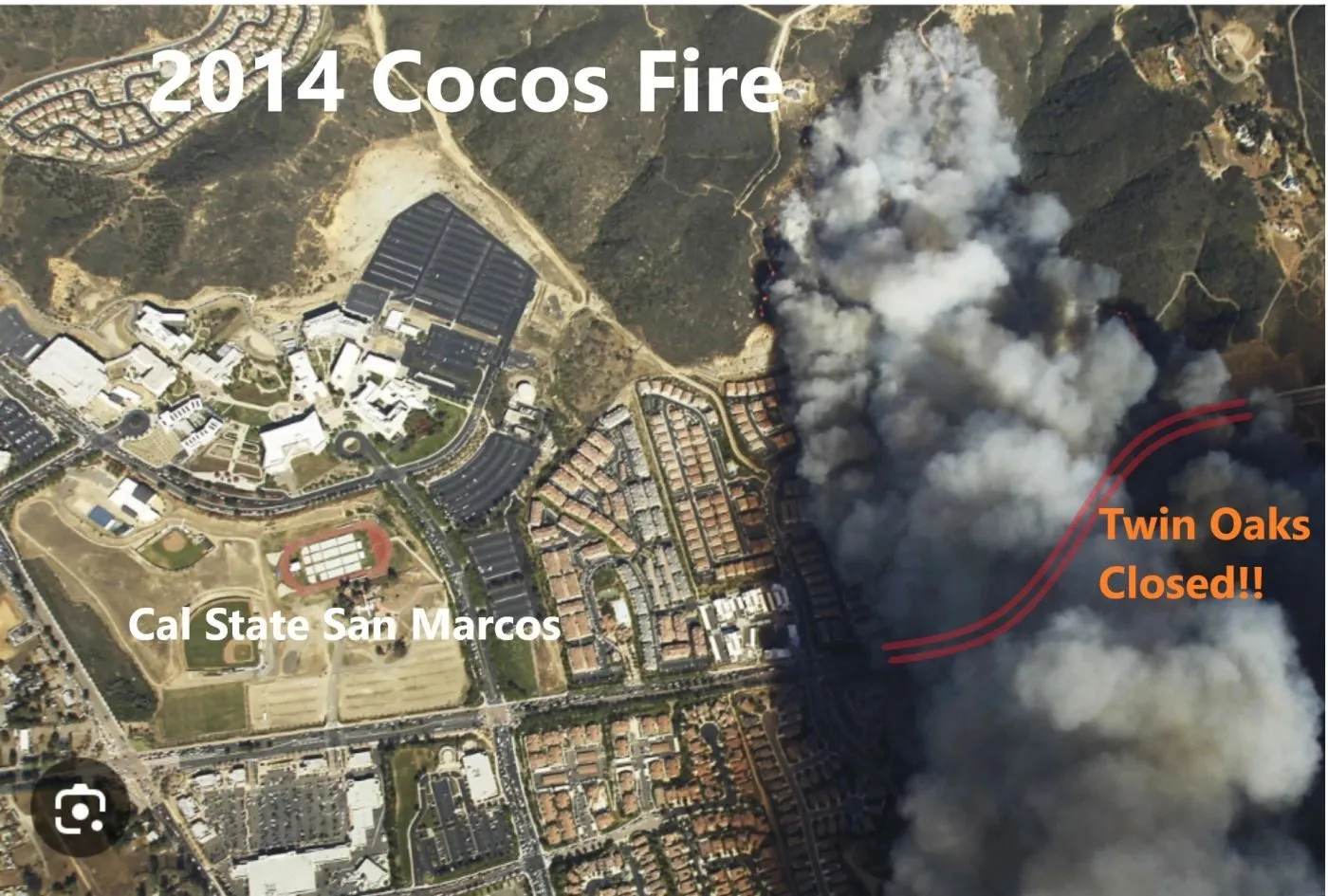 Aerial of the 2014 Cocos Fire beside San Marcos neighborhoods, with Twin Oaks Valley Road marked closed